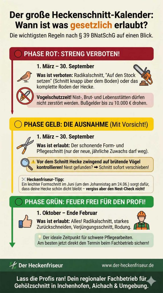 Hecke schneiden Zeitpunkt 1 Infografik: Der große Heckenschnitt-Kalender. Ampelsystem zeigt gesetzliche Sperrfristen nach § 39 BNatSchG vom 1. März bis 30. September zum Vogelschutz (Rot) und erlaubte Zeiten für Formschnitt (Gelb) und Radikalschnitt im Winter (Grün).